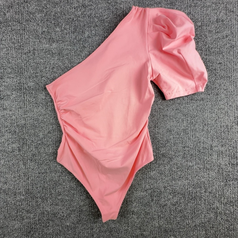 Free People Bodysuit Womens XS Pink One Shoulder Puff Sleeve Stretch Microfiber